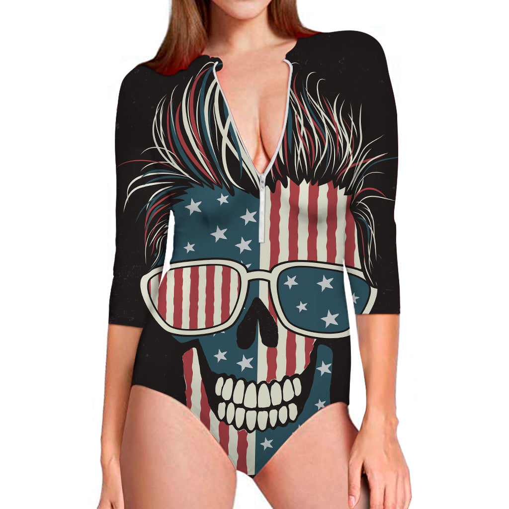 American Flag Skull Print Long Sleeve Swimsuit