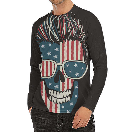American Flag Skull Print Men's Long Sleeve Rash Guard