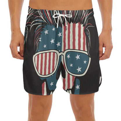 American Flag Skull Print Men's Split Running Shorts