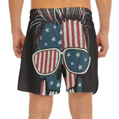 American Flag Skull Print Men's Split Running Shorts