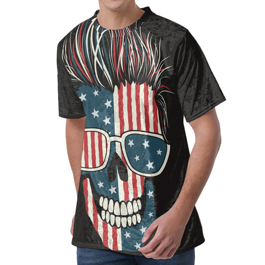 American Flag Skull Print Men's Velvet T-Shirt