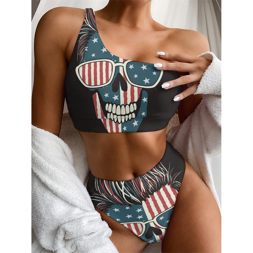 American Flag Skull Print One Shoulder Bikini Top