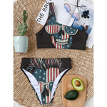 American Flag Skull Print One Shoulder Bikini Top