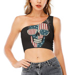 American Flag Skull Print One Shoulder Crop Top