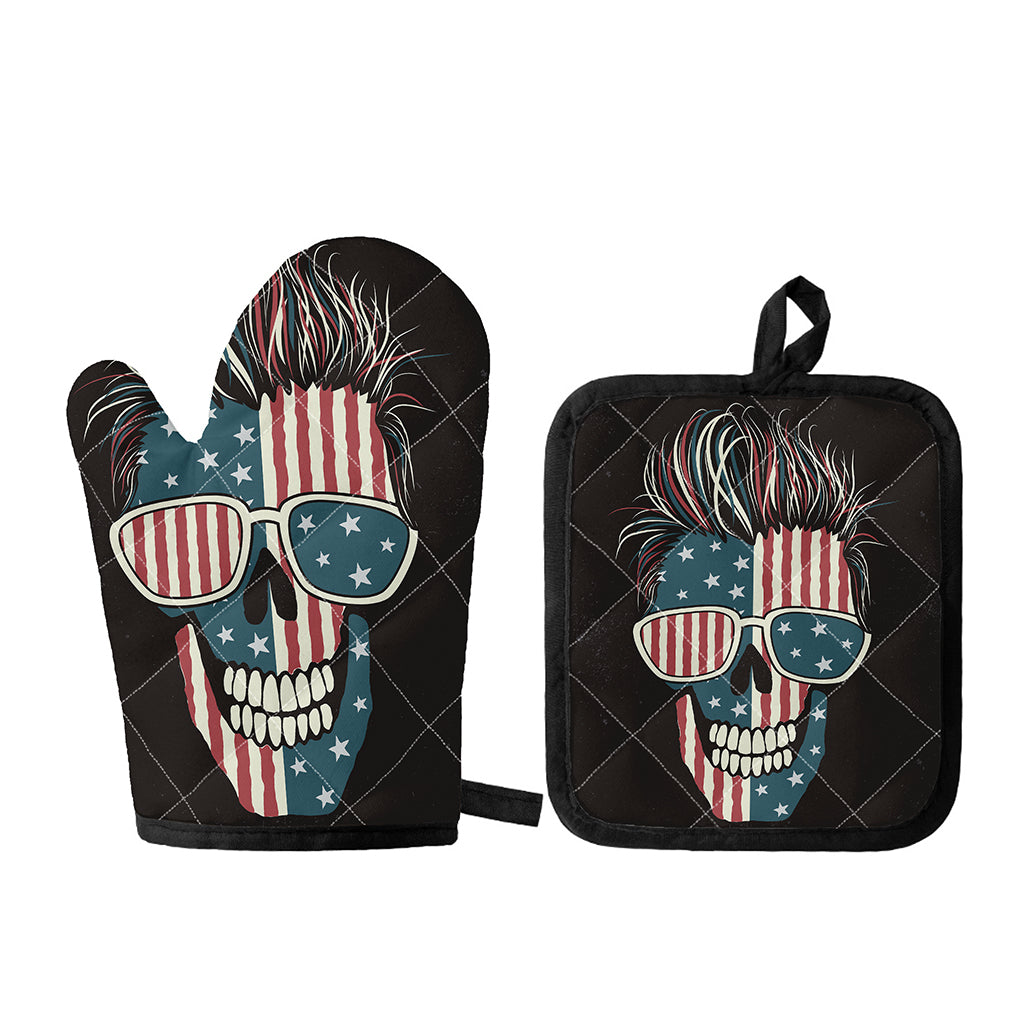 American Flag Skull Print Oven Mitt And Pot Holder Set