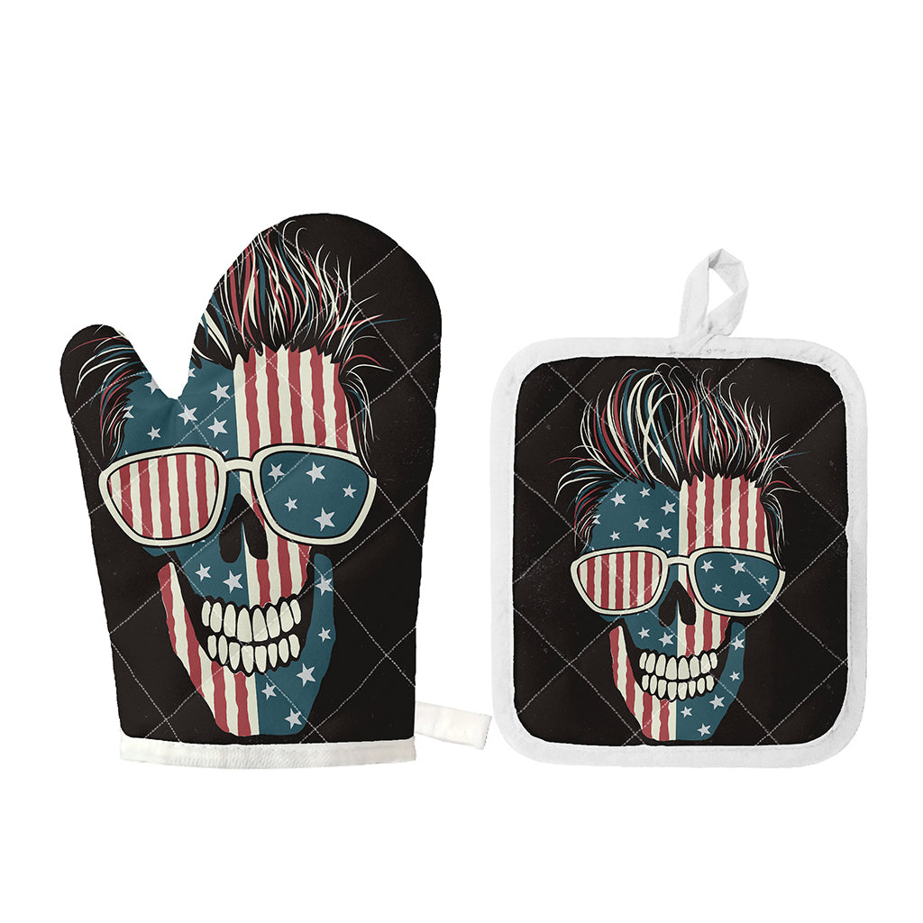 American Flag Skull Print Oven Mitt And Pot Holder Set