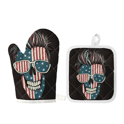 American Flag Skull Print Oven Mitt And Pot Holder Set