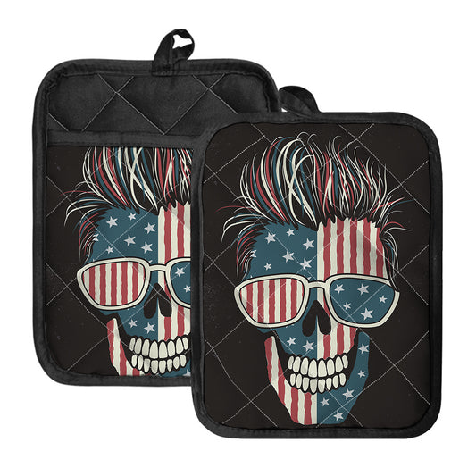 American Flag Skull Print Pot Holders With Pocket
