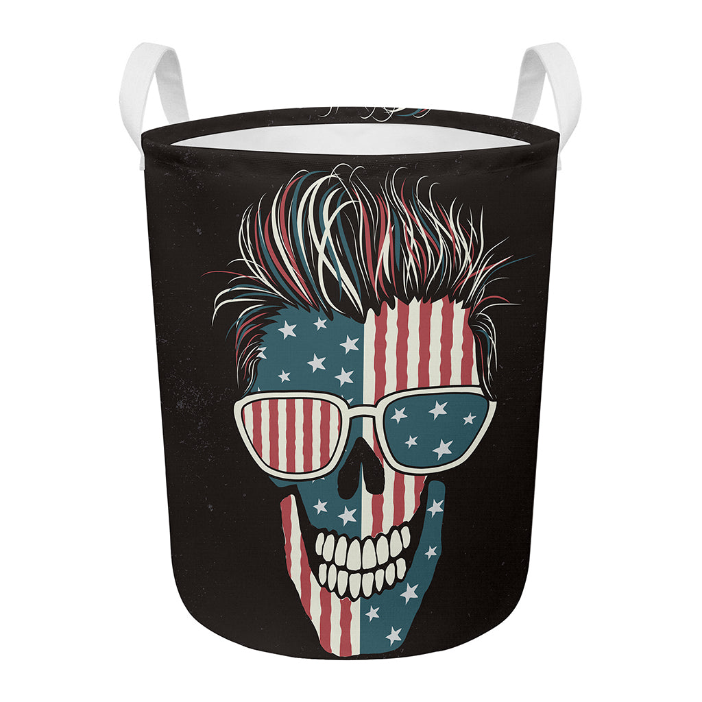American Flag Skull Print Round Laundry Basket