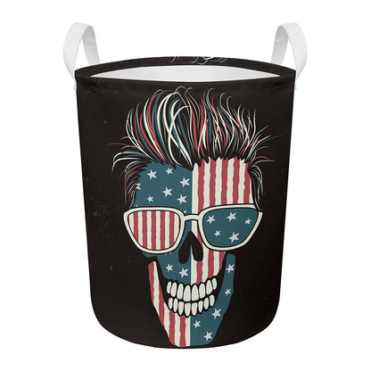 American Flag Skull Print Round Laundry Basket