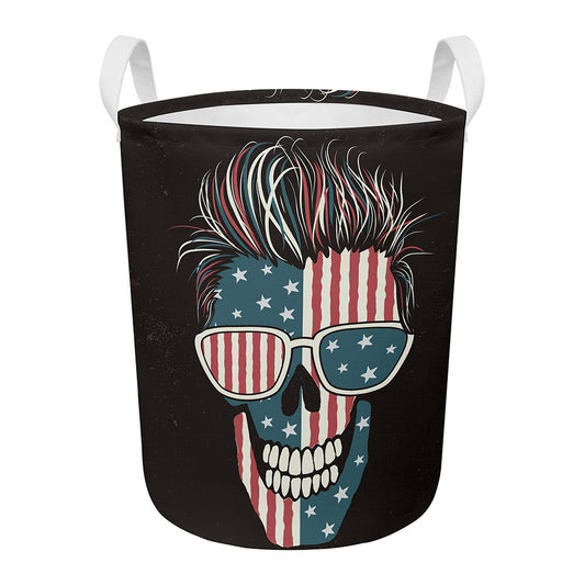 American Flag Skull Print Round Laundry Basket