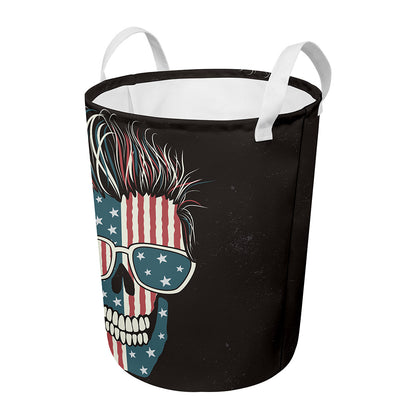 American Flag Skull Print Round Laundry Basket