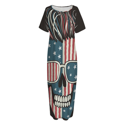 American Flag Skull Print Short Sleeve Long Nightdress