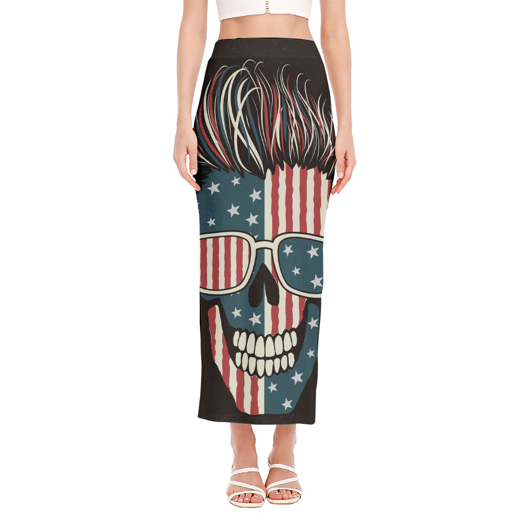 American Flag Skull Print Side Slit Maxi Skirt