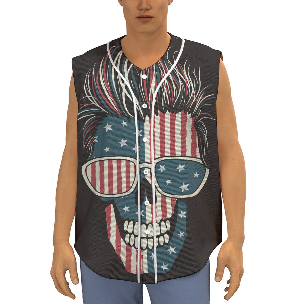American Flag Skull Print Sleeveless Baseball Jersey