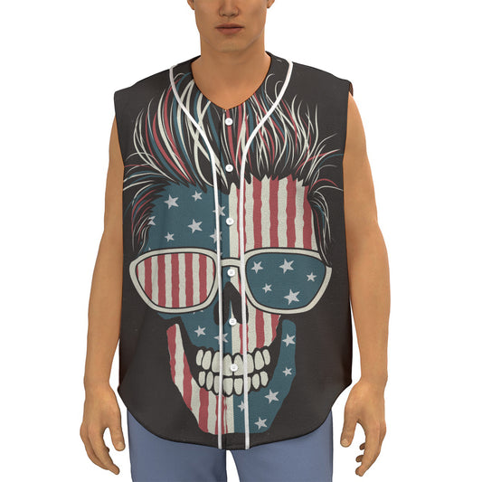 American Flag Skull Print Sleeveless Baseball Jersey
