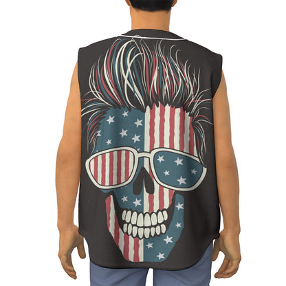 American Flag Skull Print Sleeveless Baseball Jersey