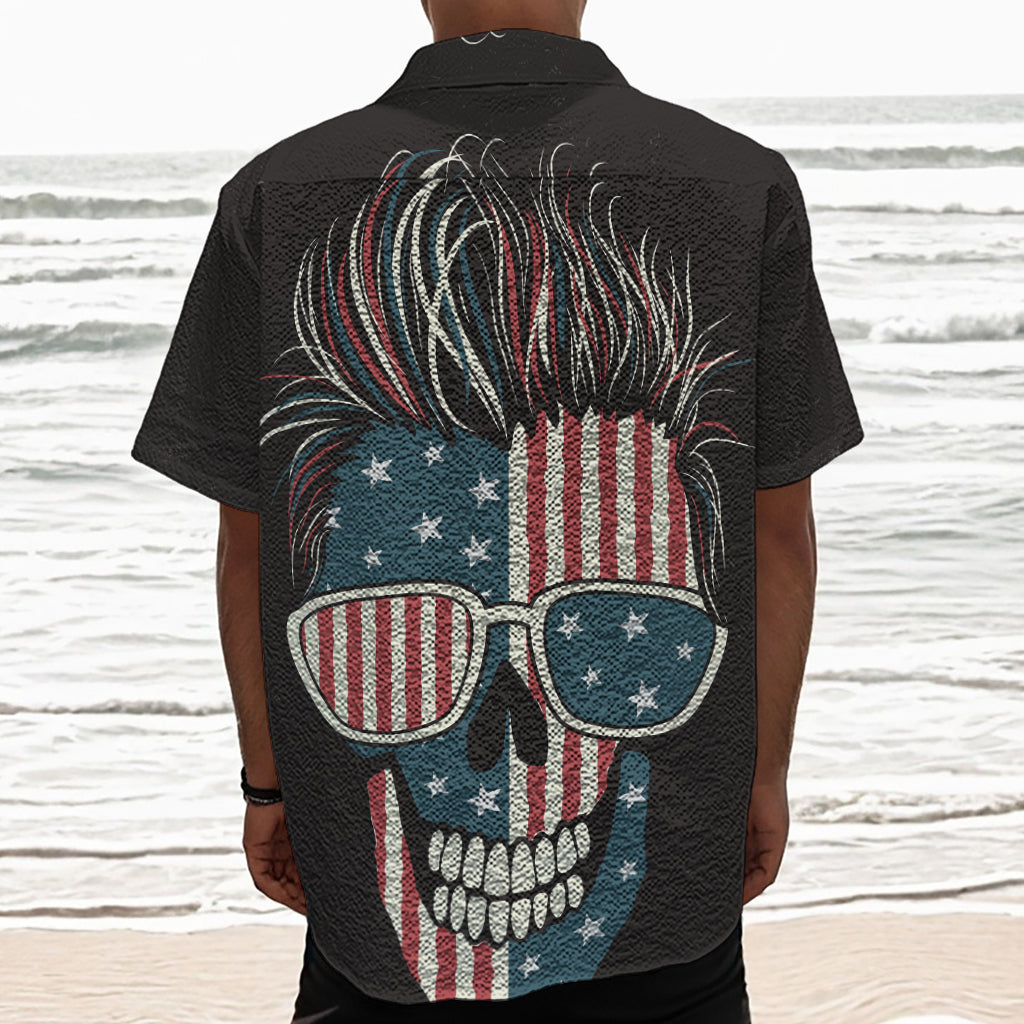 American Flag Skull Print Textured Short Sleeve Shirt