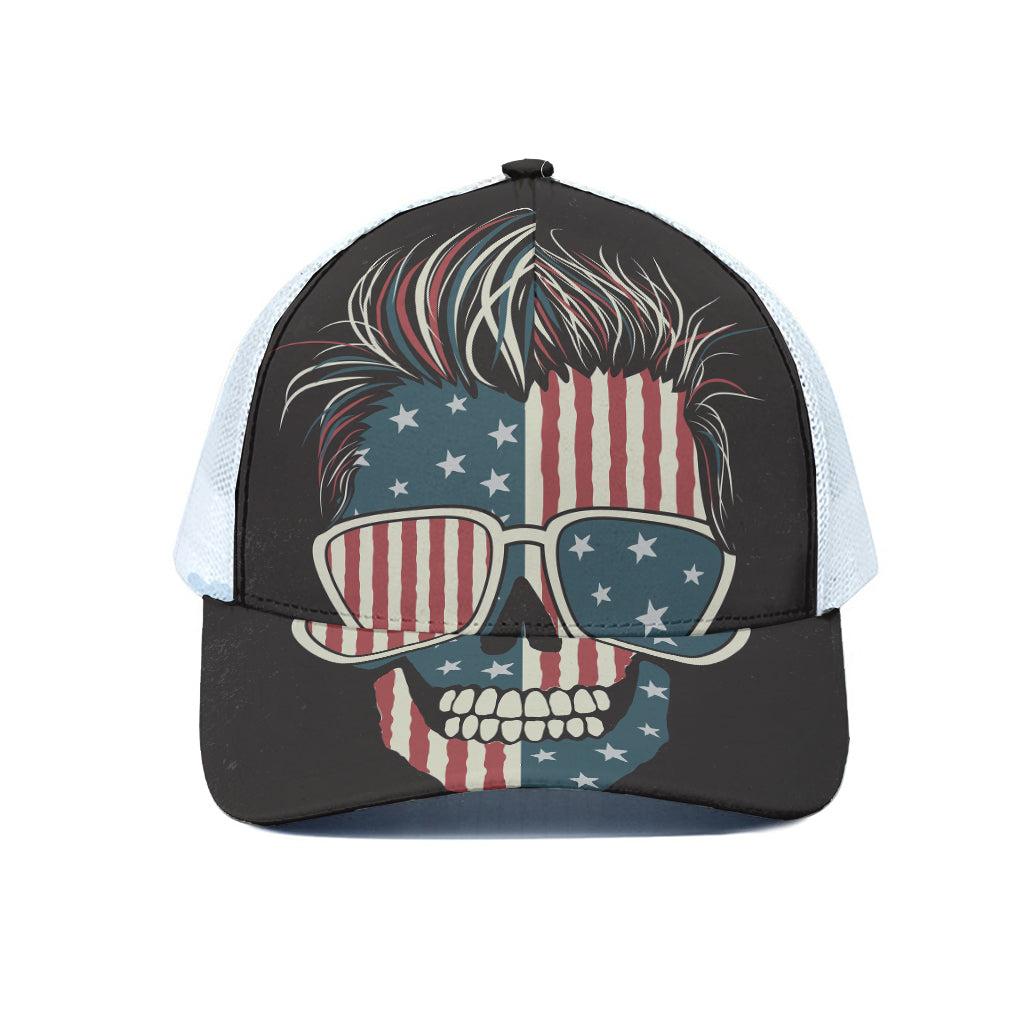 American Flag Skull Print White Mesh Trucker Cap