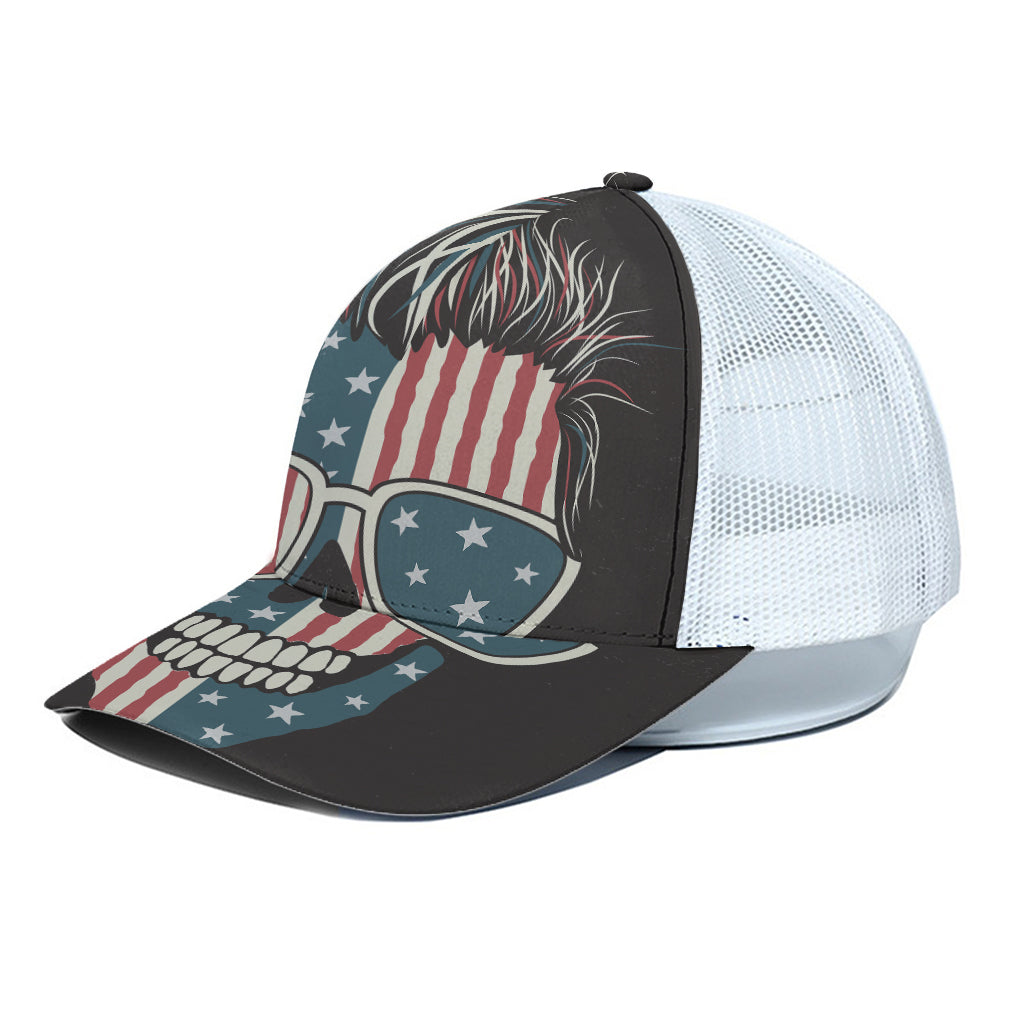 American Flag Skull Print White Mesh Trucker Cap
