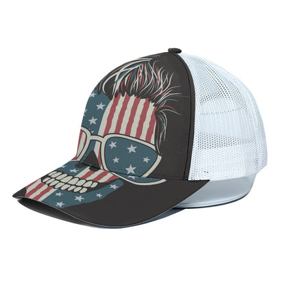 American Flag Skull Print White Mesh Trucker Cap