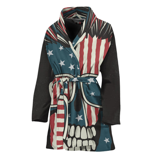 American Flag Skull Print Women's Bathrobe