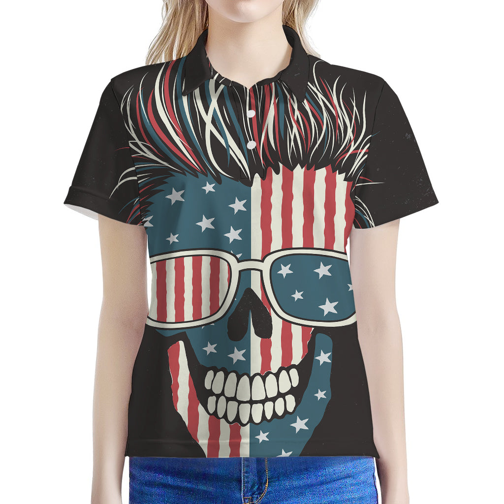 American Flag Skull Print Women's Polo Shirt