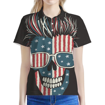 American Flag Skull Print Women's Polo Shirt