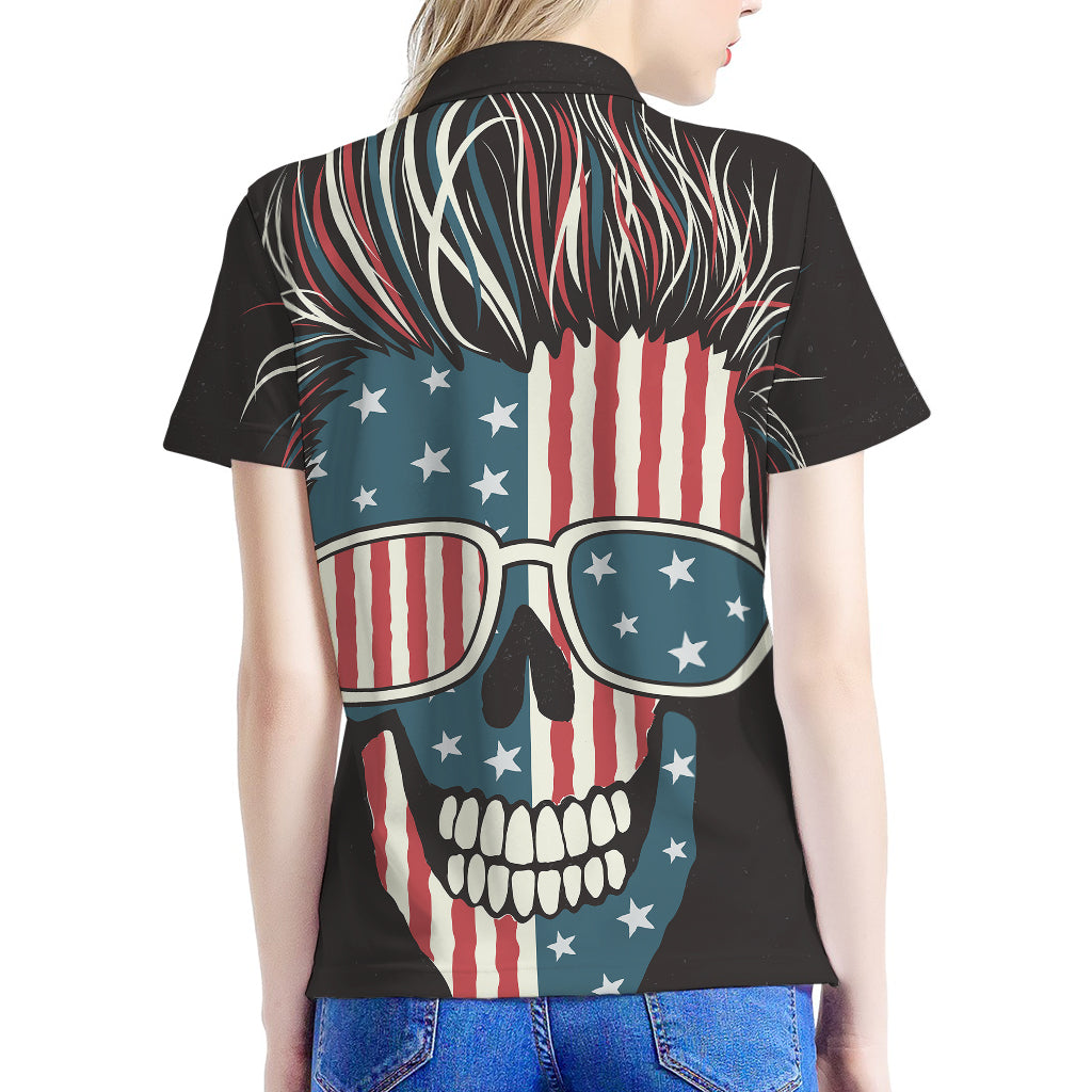 American Flag Skull Print Women's Polo Shirt