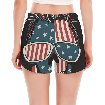 American Flag Skull Print Women's Split Running Shorts