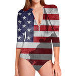 American Flag War Memorial Print Long Sleeve Swimsuit