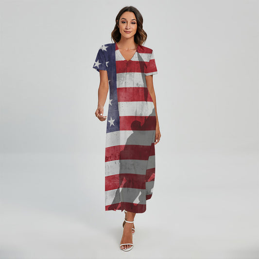 American Flag War Memorial Print Short Sleeve Maxi Dress