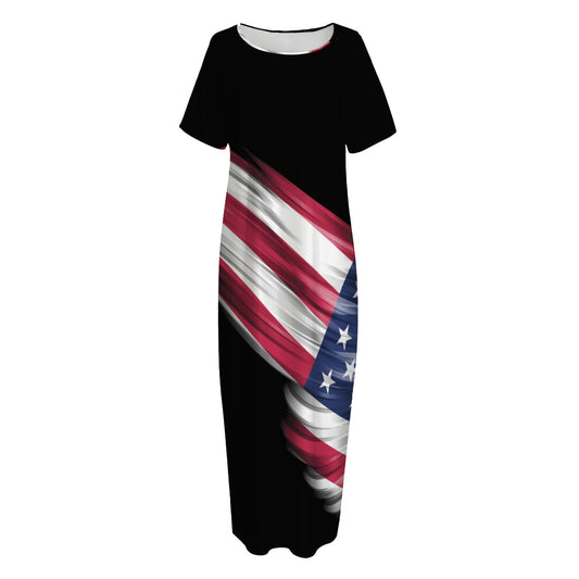 American Flag Wing Print Short Sleeve Long Nightdress