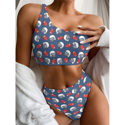 American Football Pattern Print One Shoulder Bikini Top