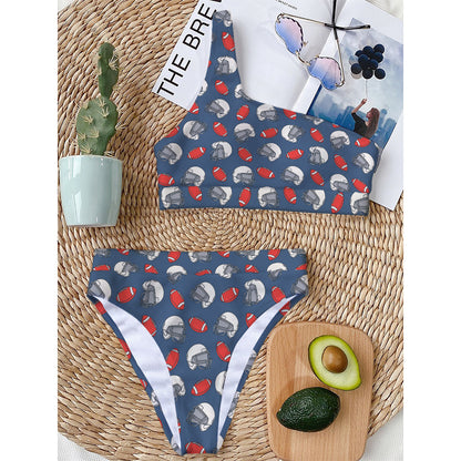 American Football Pattern Print One Shoulder Bikini Top