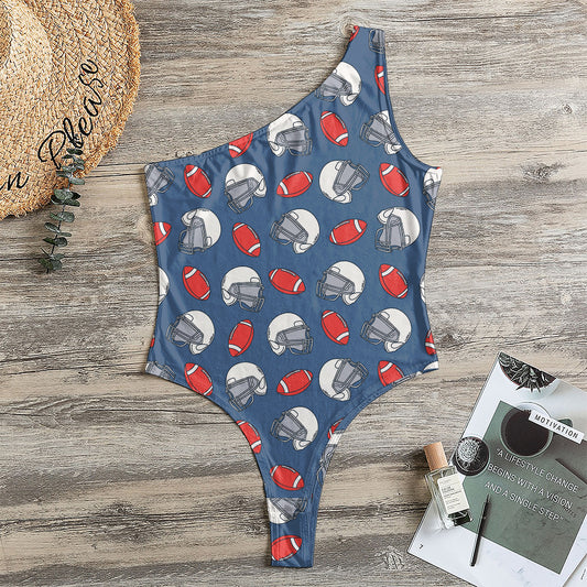 American Football Pattern Print One Shoulder Bodysuit