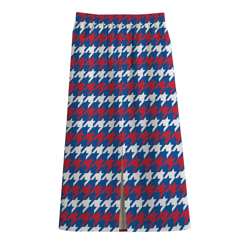 American Houndstooth Pattern Print Cotton Front Slit Maxi Skirt