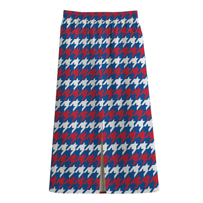 American Houndstooth Pattern Print Cotton Front Slit Maxi Skirt