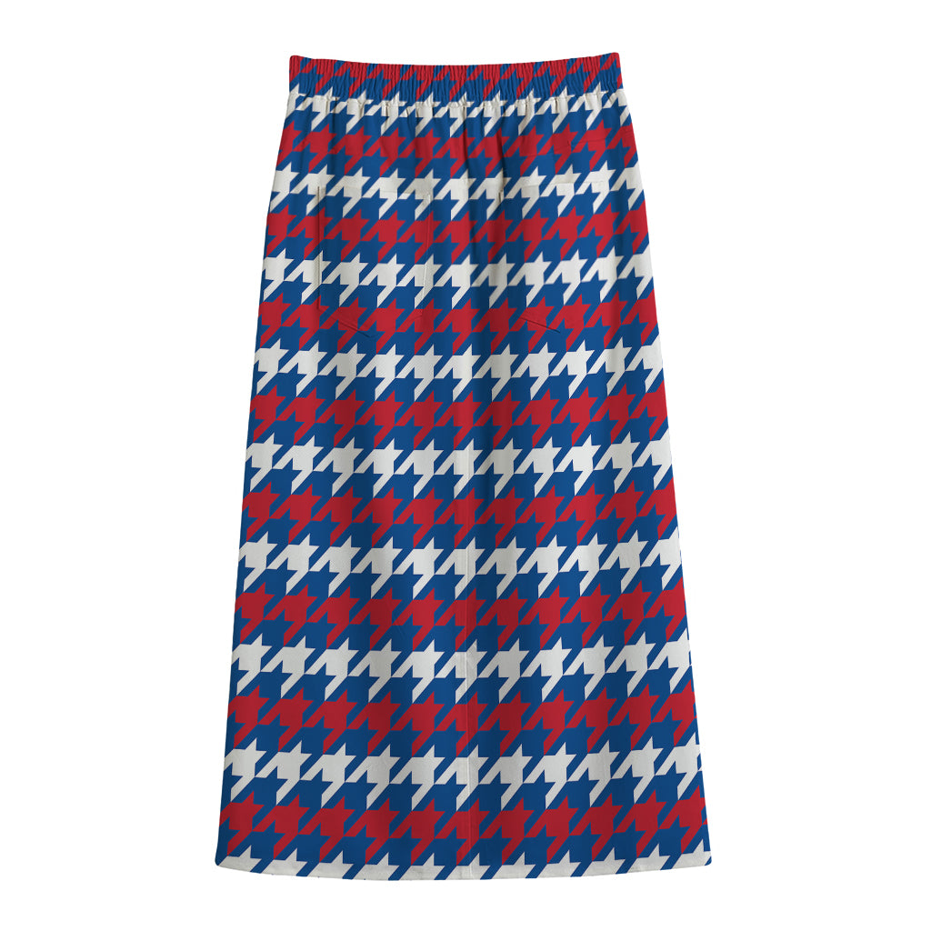 American Houndstooth Pattern Print Cotton Front Slit Maxi Skirt