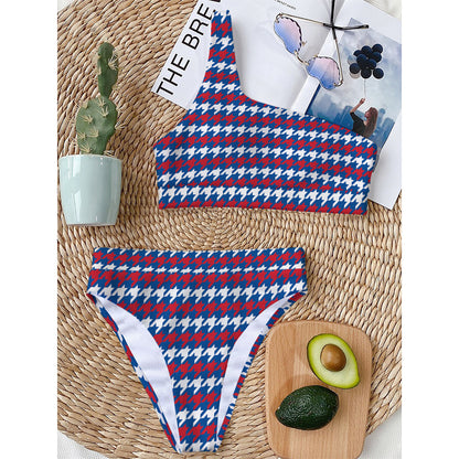 American Houndstooth Pattern Print One Shoulder Bikini Top