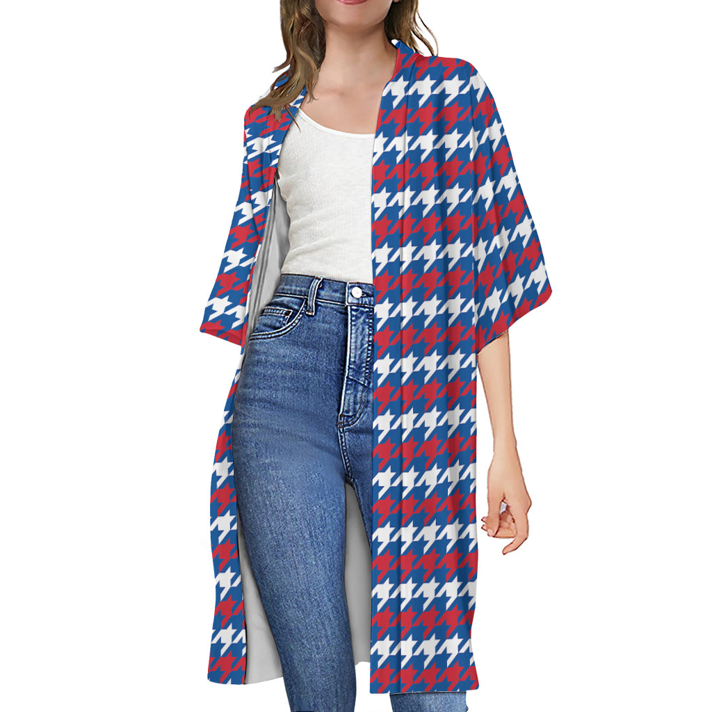 American Houndstooth Pattern Print Open Front Beach Cover Up
