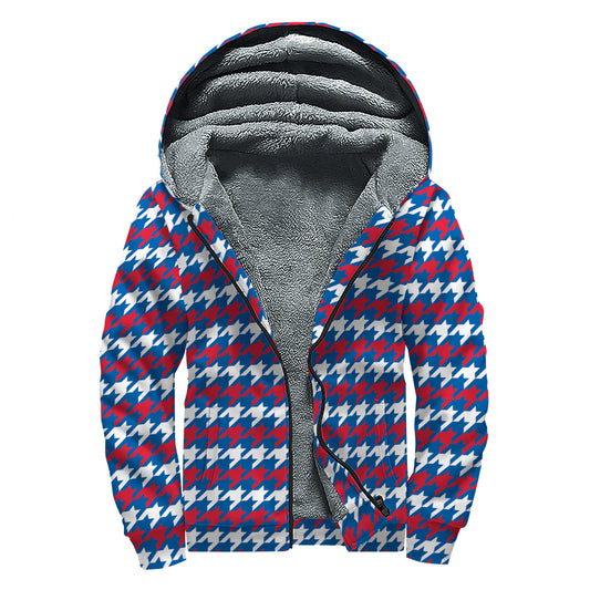 American Houndstooth Pattern Print Sherpa Lined Zip Up Hoodie