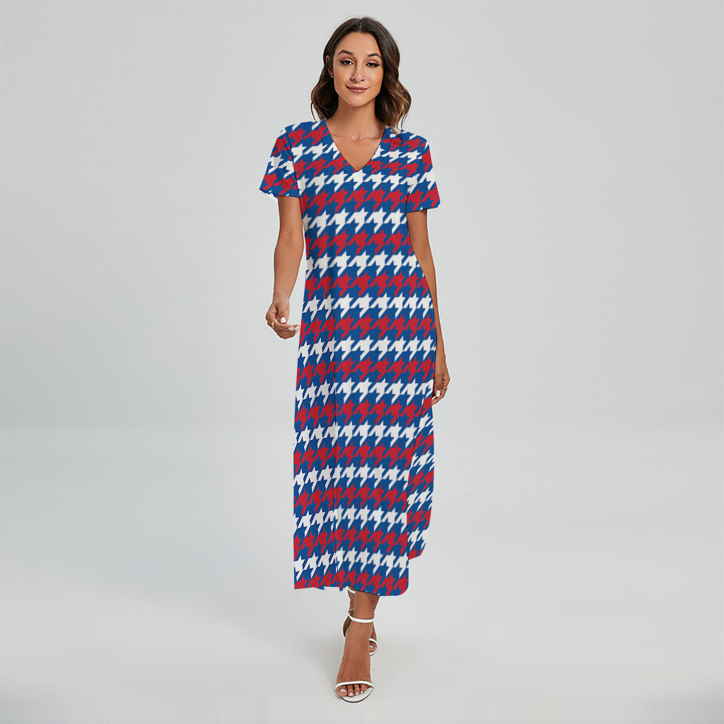 American Houndstooth Pattern Print Short Sleeve Maxi Dress