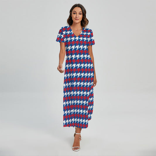 American Houndstooth Pattern Print Short Sleeve Maxi Dress
