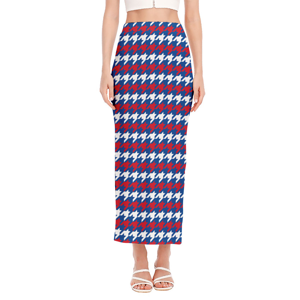 American Houndstooth Pattern Print Side Slit Maxi Skirt