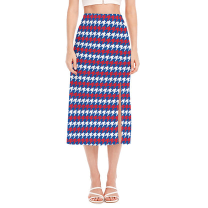 American Houndstooth Pattern Print Side Slit Midi Skirt