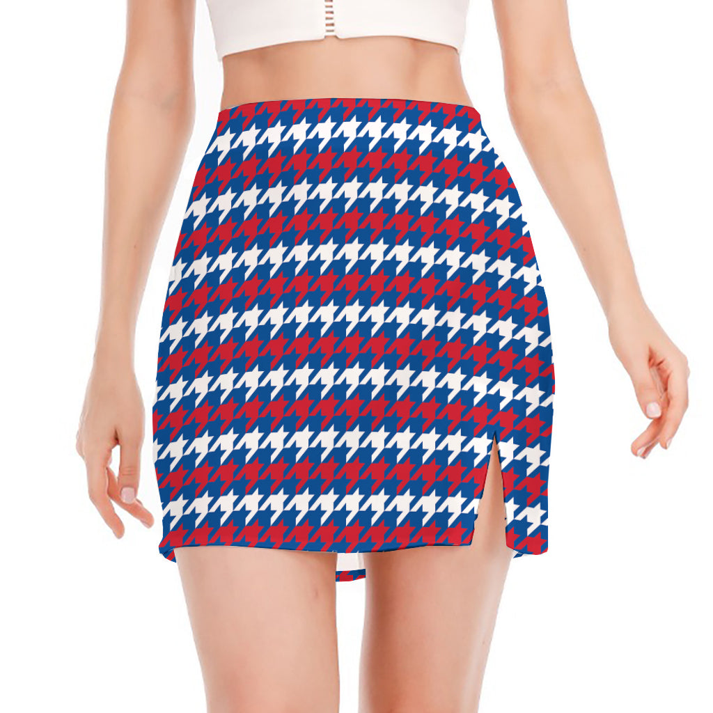 American Houndstooth Pattern Print Side Slit Mini Skirt