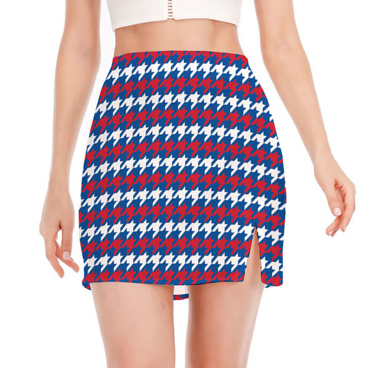 American Houndstooth Pattern Print Side Slit Mini Skirt