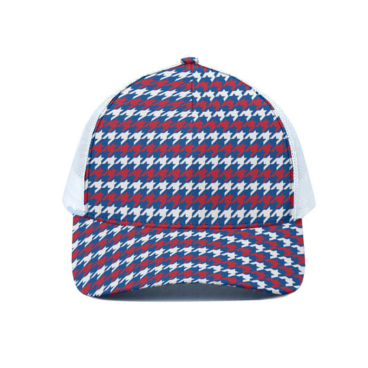 American Houndstooth Pattern Print White Mesh Trucker Cap