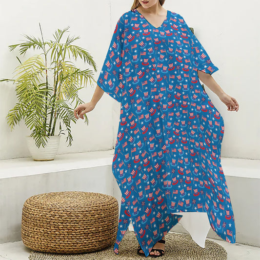 American Independence Day Pattern Print Silk V-Neck Kaftan Dress